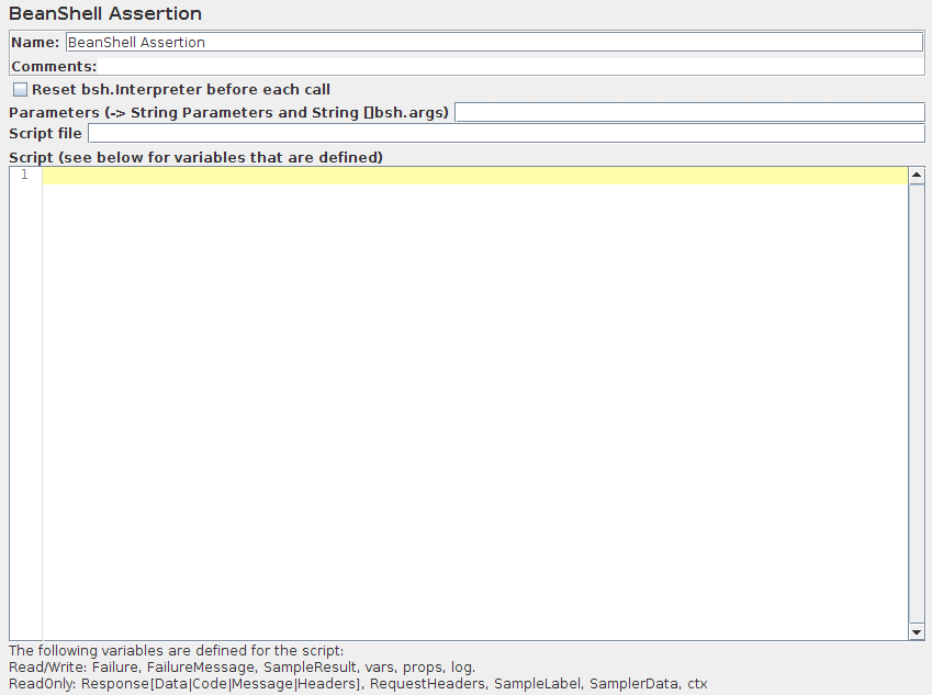 Capture d'écran du panneau de configuration de l'assertion BeanShell