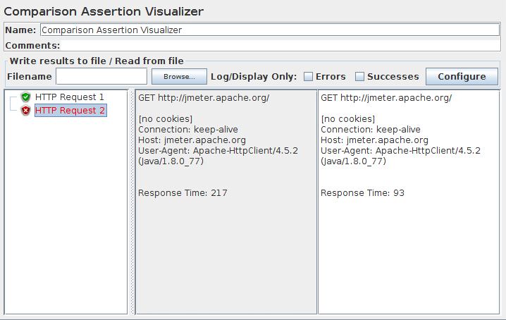 Capture d'écran du panneau de configuration du visualiseur d'assertion de comparaison