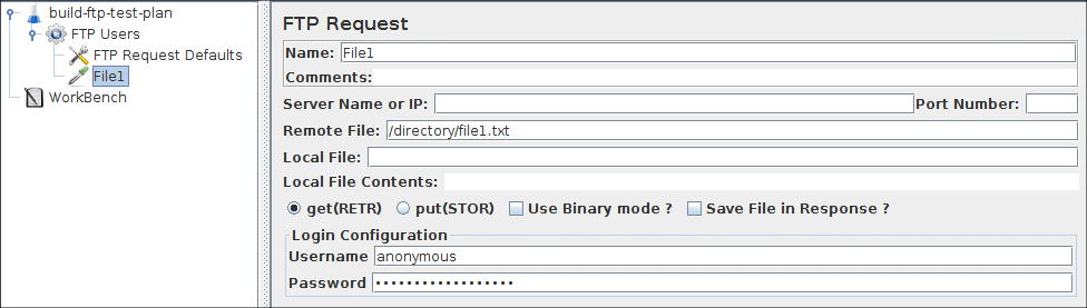 Capture d'écran du panneau de configuration de la requête FTP
