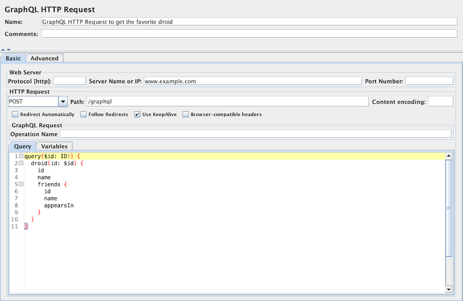 Capture d'écran du panneau de configuration de la requête HTTP GraphQL