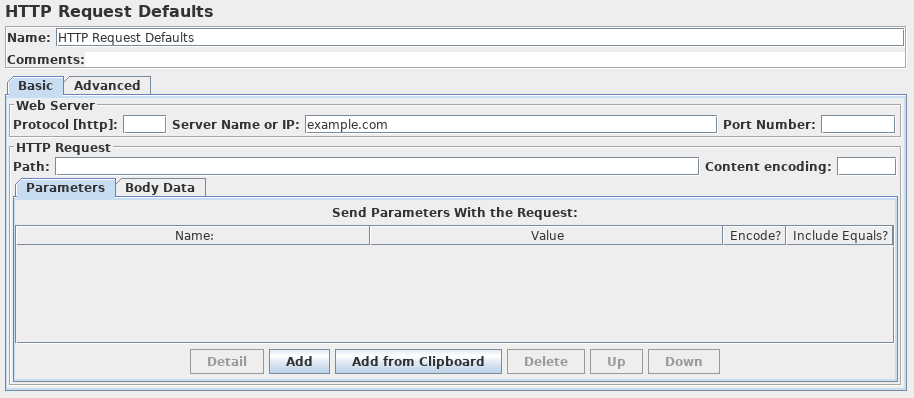 Capture d'écran du panneau de configuration des valeurs par défaut des requêtes HTTP