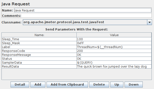Capture d'écran du panneau de configuration de la requête Java
