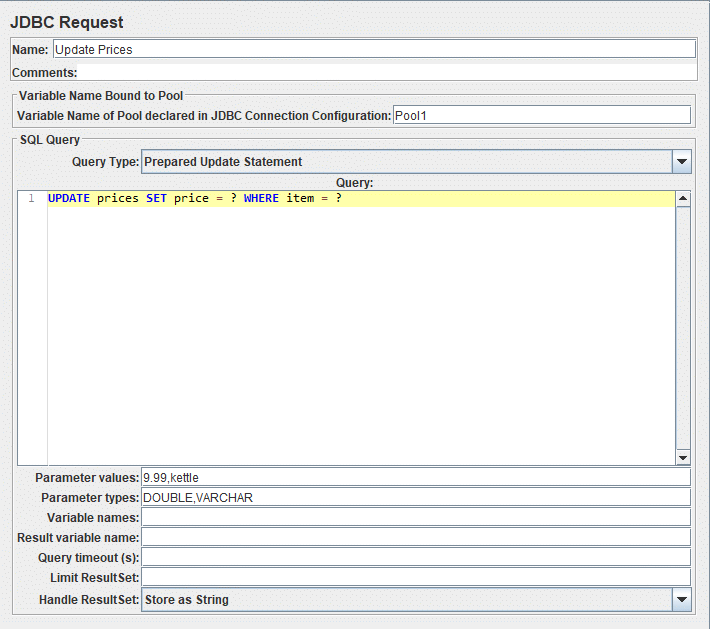 Capture d'écran du panneau de configuration de la demande JDBC