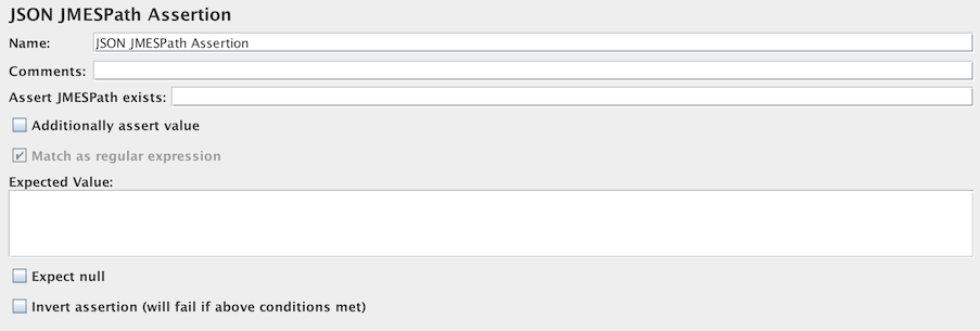 Capture d'écran du panneau de configuration de l'assertion JSON JMESPath