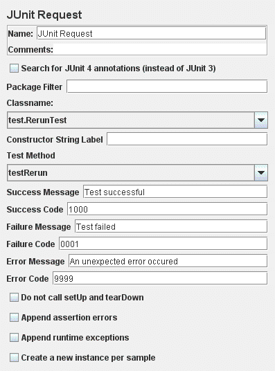 Capture d'écran du panneau de configuration de JUnit Request