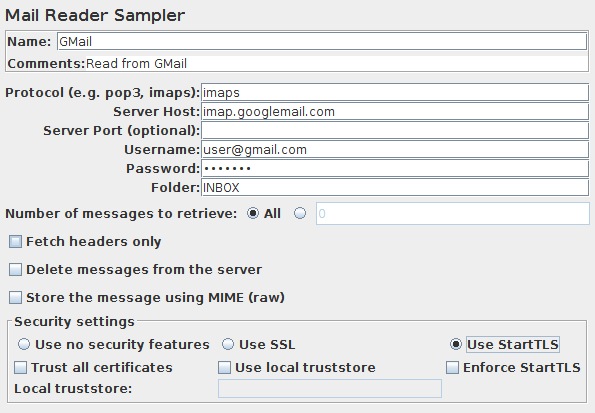 Capture d'écran du panneau de configuration de Mail Reader Sampler