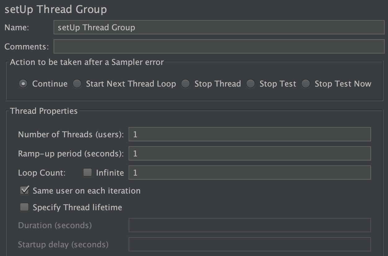 Capture d'écran du panneau de configuration du groupe de threads setUp