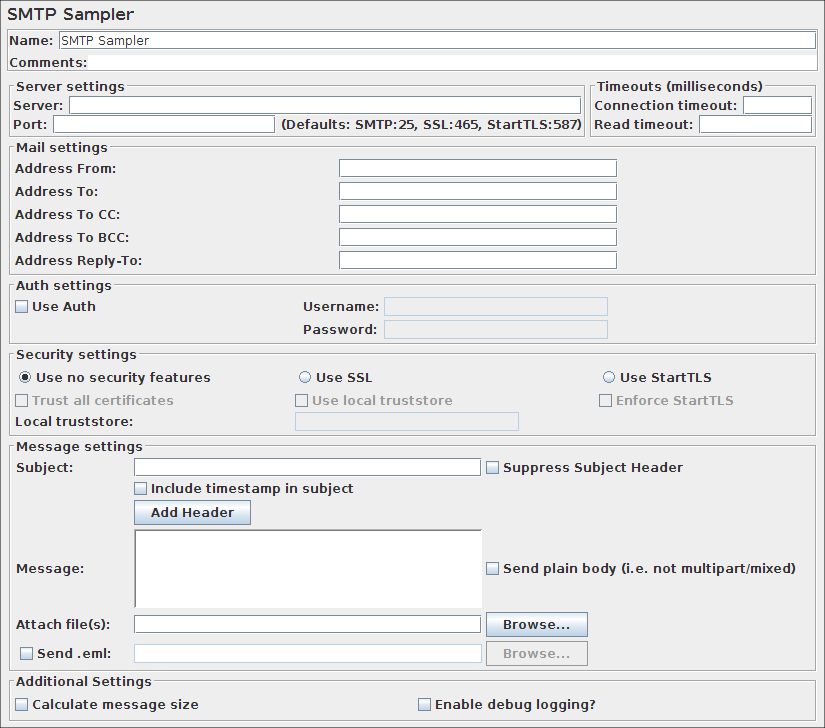 Capture d'écran du panneau de configuration de l'échantillonneur SMTP