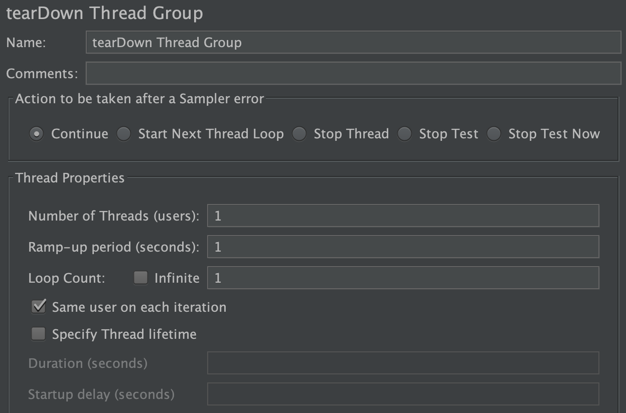 Capture d'écran du panneau de configuration du groupe de threads tearDown