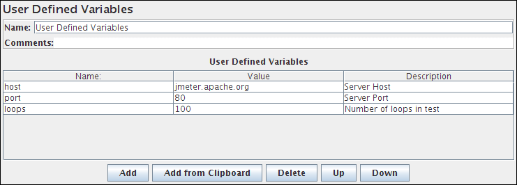 Capture d'écran du panneau de configuration des variables définies par l'utilisateur